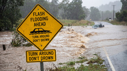 Flash flooding severe weather emergency warning illustrating rapid onset natural disaster requiring immediate evacuation safety action during extreme rainfall conditions for public awareness