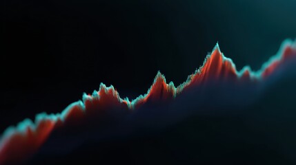 Abstract digital landscape illustration with vibrant peaks and valleys representing data visualization and sound waves in a dark environment