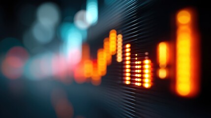 Abstract digital representation of stock market data displayed in a futuristic style with glowing bars and fluctuating values on a blurred background