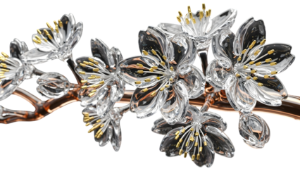 Sparkling crystal flowers on a branch isolated on transparent background with gold accents and clear gemstones