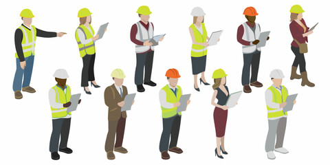 Diverse group of construction workers and professionals reviewing plans together