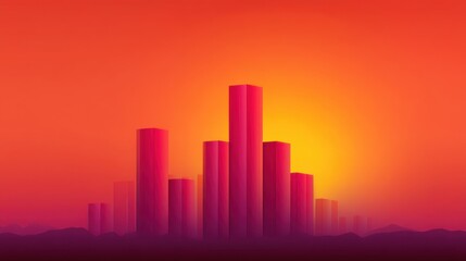 Obraz premium Abstract cityscape illustration with tall structures against a vibrant sunset sky featuring shades of orange, pink, and purple in a surreal setting