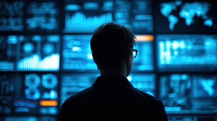 A person monitoring complex data and global operations on multiple screens in a control room