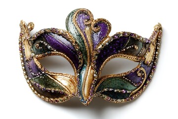 Fototapeta premium Ornate Mardi Gras mask. Festive carnival accessory for celebration. Traditional Venetian style mask with glitter and beads.