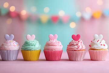 Delicious row of colorful cupcakes with heart shape decoration, ideal for Valentines Day greeting card or celebrating an anniversary.