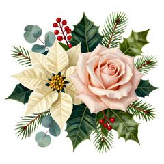 Christmas flower poinsettia with holly and pine tree branch