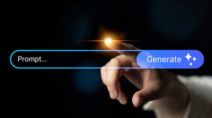 A hand reaches toward a glowing light while interacting with a digital search bar, symbolizing...
