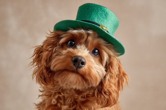 Cute dog wearing a green leprechaun hat. Adorable festive animal for St. Patricks Day celebration. Funny pet portrait.