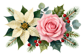 Christmas flower poinsettia with holly and pine tree branch