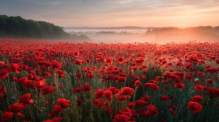 A breathtaking field of vibrant red poppies under a misty sunrise painting the horizon
