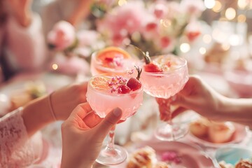 Women toasting with pink cocktails at a festive celebration with blurred lights. Refreshing drink for Spring, Summer, Mothers Day party.