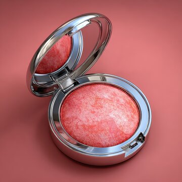 A shimmering coral blush powder is exposed in an open silver compact case with a mirrored lid, reflecting soft studio lighting against a muted pink background.
