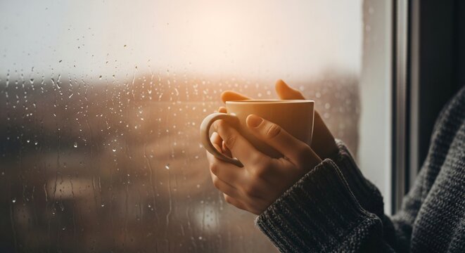 Hands holding a warm mug of coffee by a rain streaked window on a gloomy day