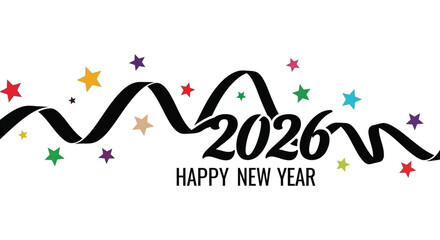 Festive new year design featuring a ribbon stars and the year 2026 with greetings © MIRAJ02