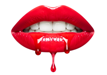 Shiny red lips with dripping liquid effect isolated on transparent background