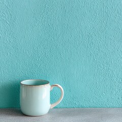 A single pale blue speckled ceramic mug with a brown rim sits on a textured gray surface, set against a vibrant teal textured wall.
