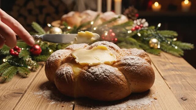 Chef slicing fresh bread with butter overhead shot