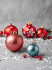 Christmas baubles on a grey background with snowflakes and festive elements, ||Christmas, Commercial