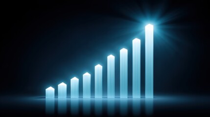Abstract visualization of a rising bar graph in blue tones representing growth, success, and progress against a dark background for business concepts
