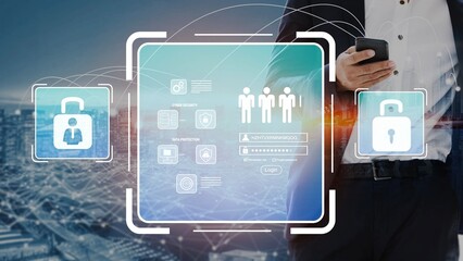 Futuristic Person Using Smartphone with Security Icons and Digital Interface Over Cityscape for Technology and Communication Concepts Gluon.