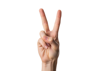 A hand making a peace sign or victory gesture isolated on transparent background