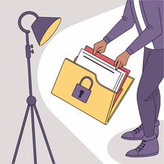 Person extracting confidential documents from a locked folder under a spotlight.