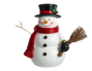 Cheerful ceramic snowman with red scarf, hat, and broom
