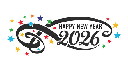 Festive new year celebration graphic with a swirling ribbon and colorful star decorations