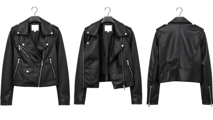 Black leather jackets on hangers isolated on transparent background