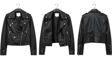 Black leather jackets on hangers isolated on transparent background