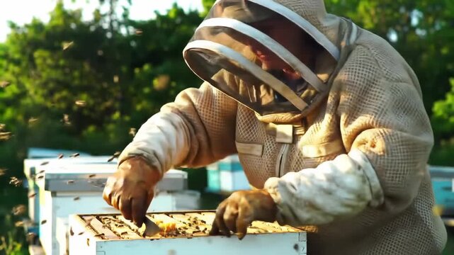 Beekeeper tending to bees