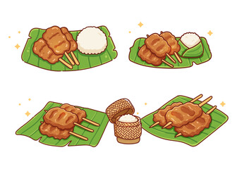 Thai traditional street food grilled pork with sticky rice on banana leaf cartoon vector set