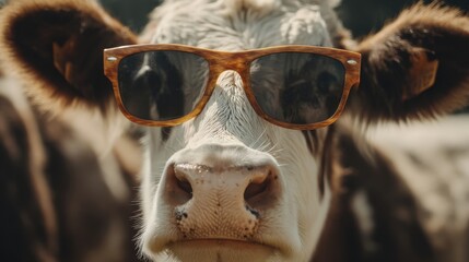 A cow stands in a green field with sunglasses on its face. Other cows are grazing in the background under a clear blue sky during daytime.