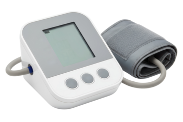 Digital blood pressure monitor with grey cuff for home healthcare isolated on a transparent background