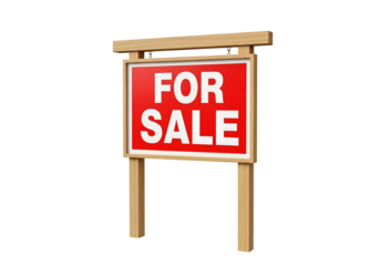 Red for sale sign on a wooden frame isolated on transparent background
