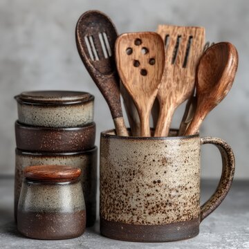 A collection of wooden kitchen utensils including spatulas and spoons nestled in a speckled stoneware crock with stacked ceramic containers nearby on a textured gray surface.