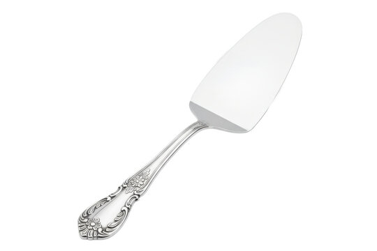 Silver cake server utensil with decorated handle for dessert isolated on a transparent background