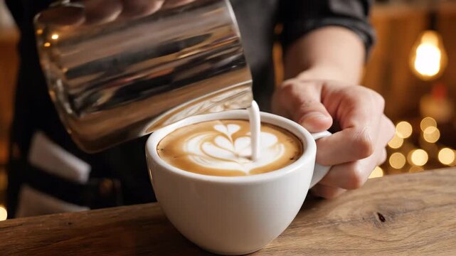 Barista's hands creating latte art at a cafe (Coffee shop, coffee, close-up)