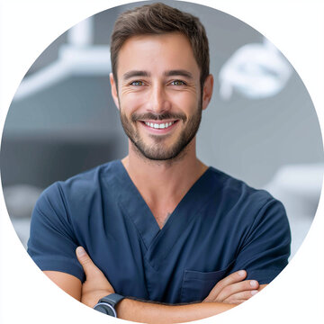 Profilbild f&uuml;r Socialmedia, l&auml;chelnder Arzt oder Pfleger in blauer Berufskleidung mit verschr&auml;nkten Armen