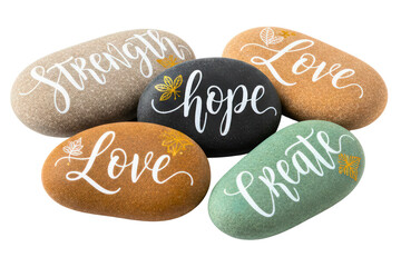 River stones with inspirational words painted in white calligraphy isolated on a transparent background