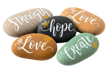 River stones with inspirational words painted in white calligraphy isolated on a transparent background