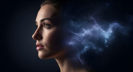 Fototapeta premium Woman's head dissolving into a glowing cosmic nebula, representing universal thought, imagination, spirituality, and infinite consciousness on a dark background.