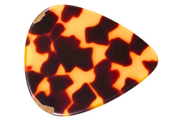 Triangular guitar pick with brown and orange abstract spotted pattern isolated on a transparent background