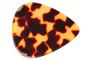 Triangular guitar pick with brown and orange abstract spotted pattern isolated on a transparent background