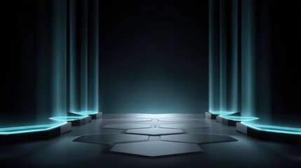 Futuristic Abstract Space with Glowing Pillars and Hexagonal Floor Design for Sci-Fi and Tech Visuals