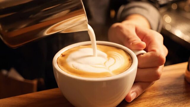 Barista's hands creating latte art at a cafe (Coffee shop, coffee, close-up)