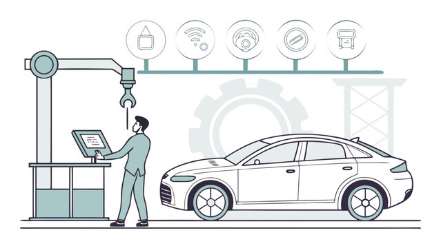 Automated car manufacturing process with a worker overseeing production.