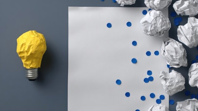 A bright light bulb crafted from crumpled paper with a functional halogen bulb part rests on a flat surface beside a whi