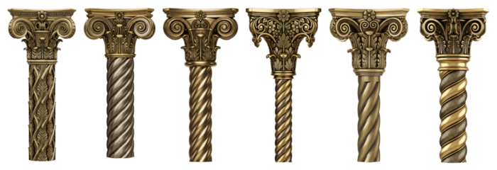 Collection of six decorative bronze columns with varied textured shafts and Ionic volutes, designed for historical visualizations and classical scenes.