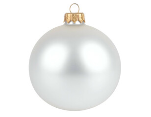 A matte white spherical ornament with a gold cap hangs